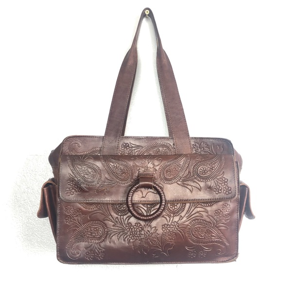 Leaders in Leather Handbags - LEADERS IN LEATHER Made in Paraguay Brown hand tooled purse handbag shoulder